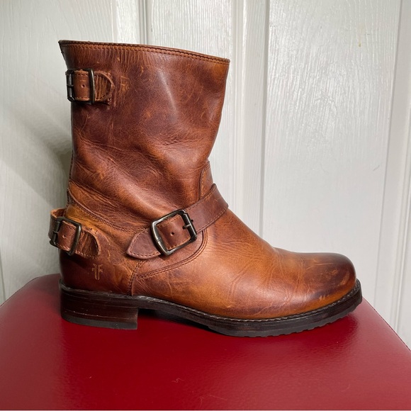 { Frye Moto Boot} Veronica Brown Leather Boots 10 - Picture 12 of 16